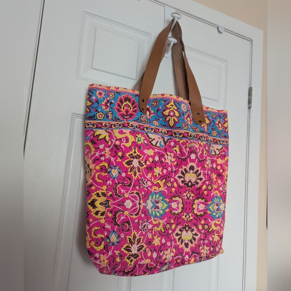 Vibrant Extra Large Pink and Blue Floral Tote Bag With Leather Straps - Picture 2 of 5